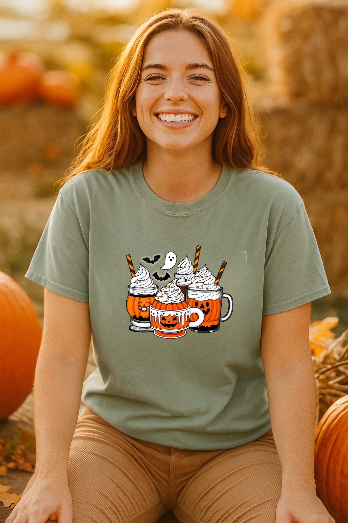 Pumpkin Spice Halloween T-shirt - Ghost & Bat Coffee Tee - Spooky Season Apparel, Comfort Colors™ Shirt for Fall