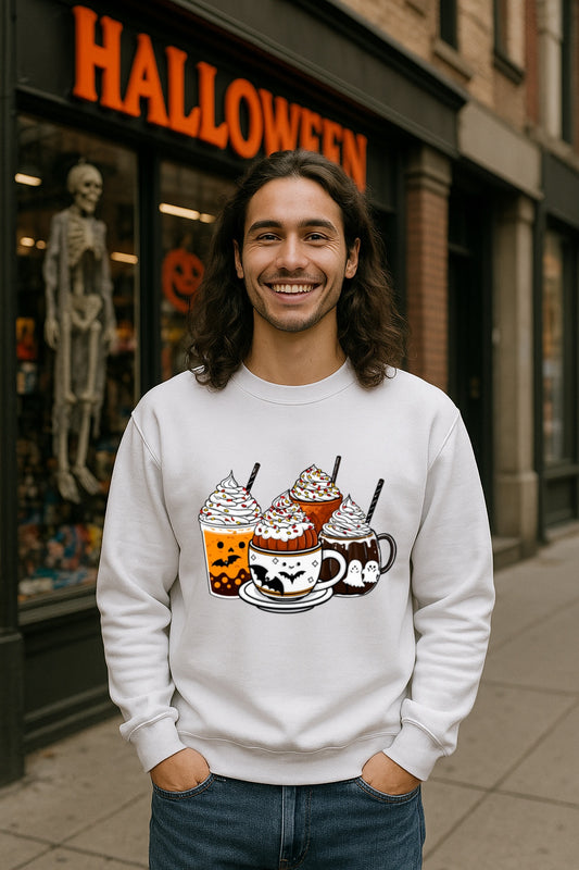 Cute Spooky Halloween Coffee Sweatshirt - Ghost Cocoa, Pumpkin Latte & Bat Mug - Cozy Fall Gildan 18000 Crewneck, Pumpkin Spice Sweater,