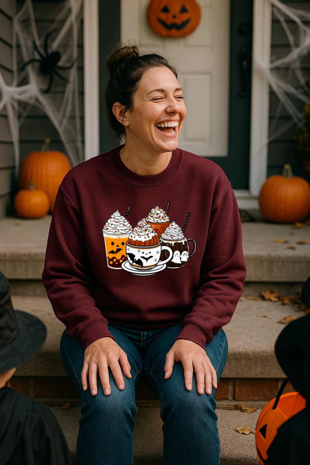 Cute Spooky Halloween Coffee Sweatshirt - Ghost Cocoa, Pumpkin Latte & Bat Mug - Cozy Fall Gildan 18000 Crewneck, Pumpkin Spice Sweater,