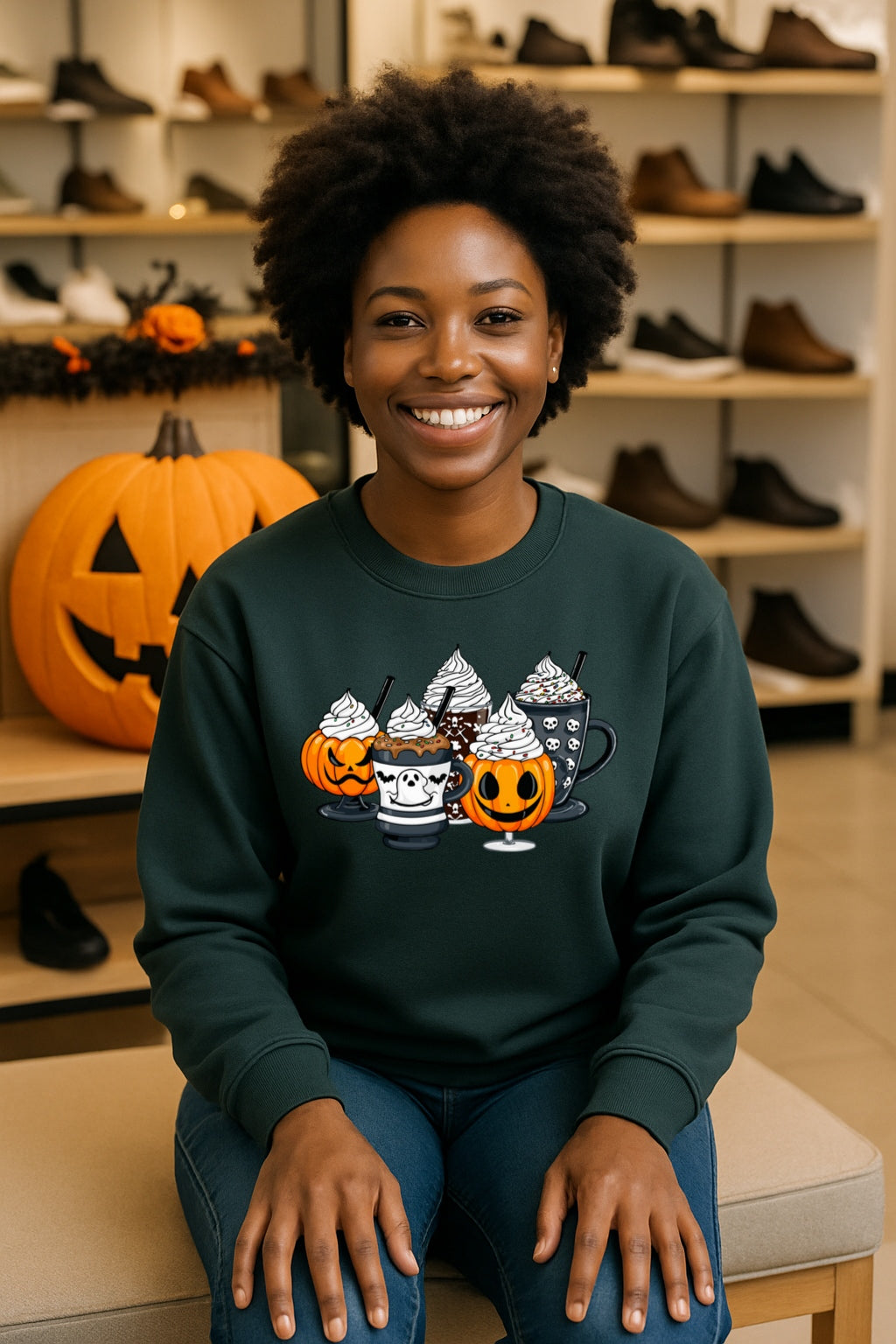 Halloween Coffee Drinks Sweatshirt - Pumpkin Ghost Skull Fall Beverage Crewneck - Cozy Spooky Season Gildan 18000 Unisex Pullover