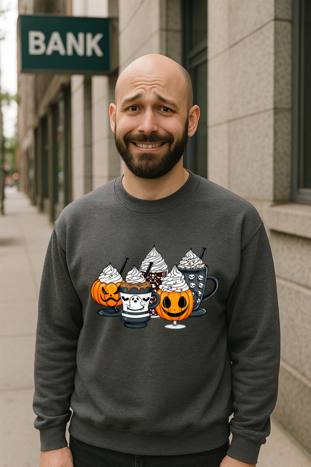 Halloween Coffee Drinks Sweatshirt - Pumpkin Ghost Skull Fall Beverage Crewneck - Cozy Spooky Season Gildan 18000 Unisex Pullover
