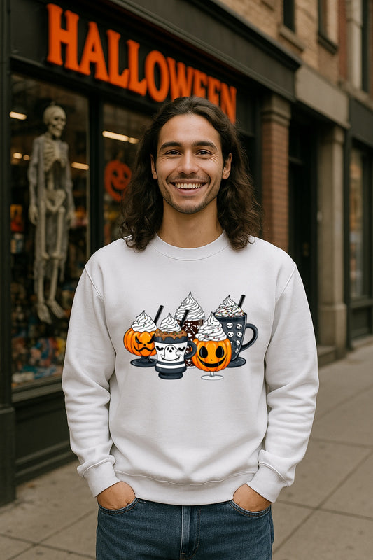 Halloween Coffee Drinks Sweatshirt - Pumpkin Ghost Skull Fall Beverage Crewneck - Cozy Spooky Season Gildan 18000 Unisex Pullover