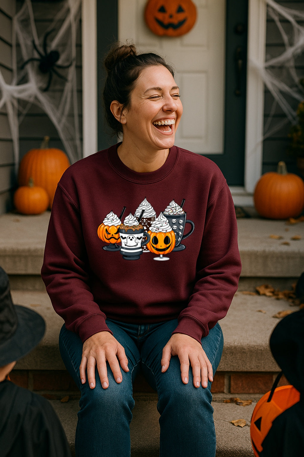 Halloween Coffee Drinks Sweatshirt - Pumpkin Ghost Skull Fall Beverage Crewneck - Cozy Spooky Season Gildan 18000 Unisex Pullover