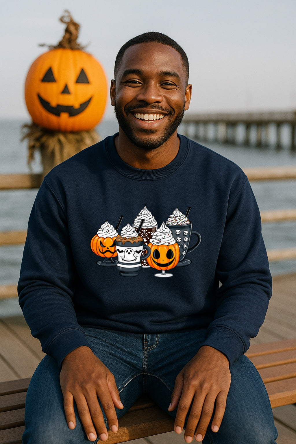 Halloween Coffee Drinks Sweatshirt - Pumpkin Ghost Skull Fall Beverage Crewneck - Cozy Spooky Season Gildan 18000 Unisex Pullover