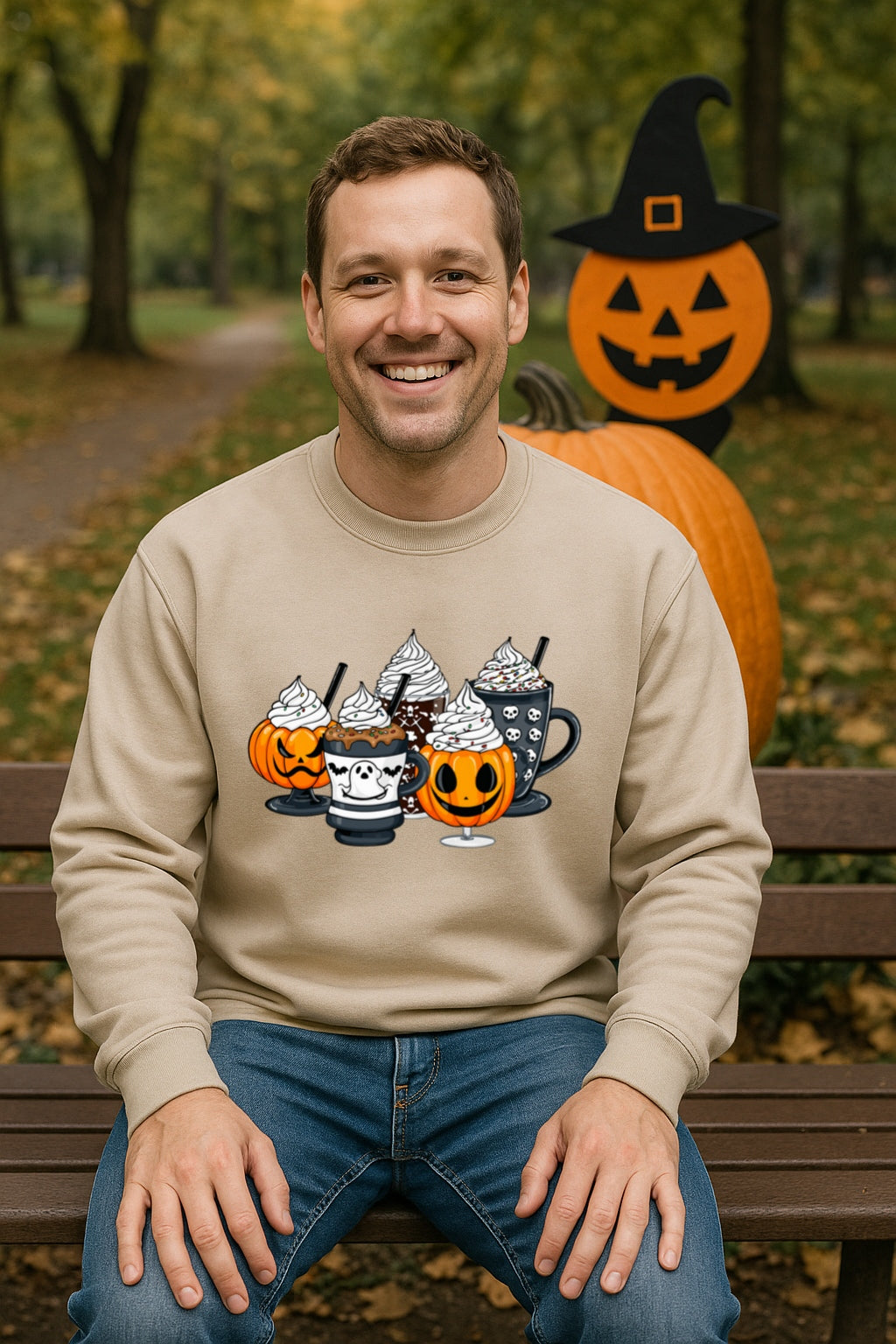 Halloween Coffee Drinks Sweatshirt - Pumpkin Ghost Skull Fall Beverage Crewneck - Cozy Spooky Season Gildan 18000 Unisex Pullover