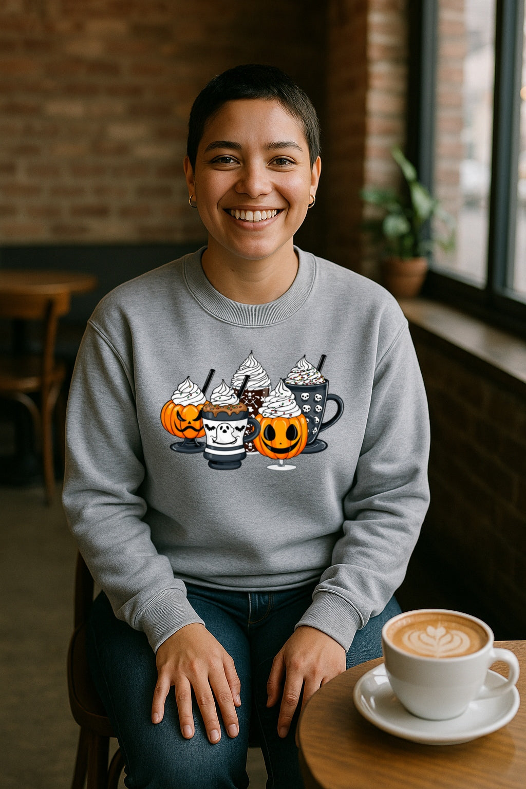 Halloween Coffee Drinks Sweatshirt - Pumpkin Ghost Skull Fall Beverage Crewneck - Cozy Spooky Season Gildan 18000 Unisex Pullover