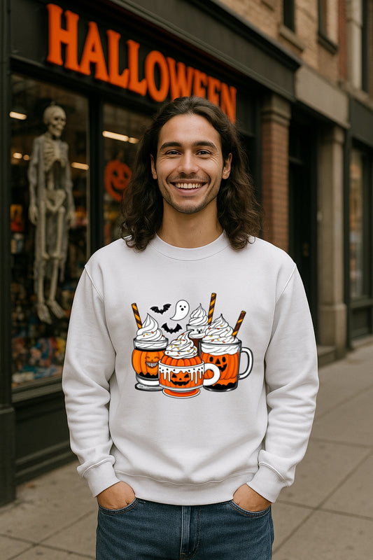 Halloween Coffee Cups Sweatshirt - Cozy Gildan Crewneck - Pumpkin Spice & Ghost Latte Fall Pullover, Fall Season Unisex Sweatshirt,