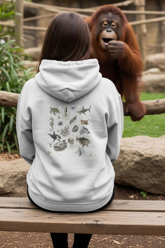 Vintage Underwater Sea Animals-Ocean Creatures Hoodie Bella Canvas 3512 Unisex Lightweight Hoodie with Marine Life Illustration-Beach Hoodie