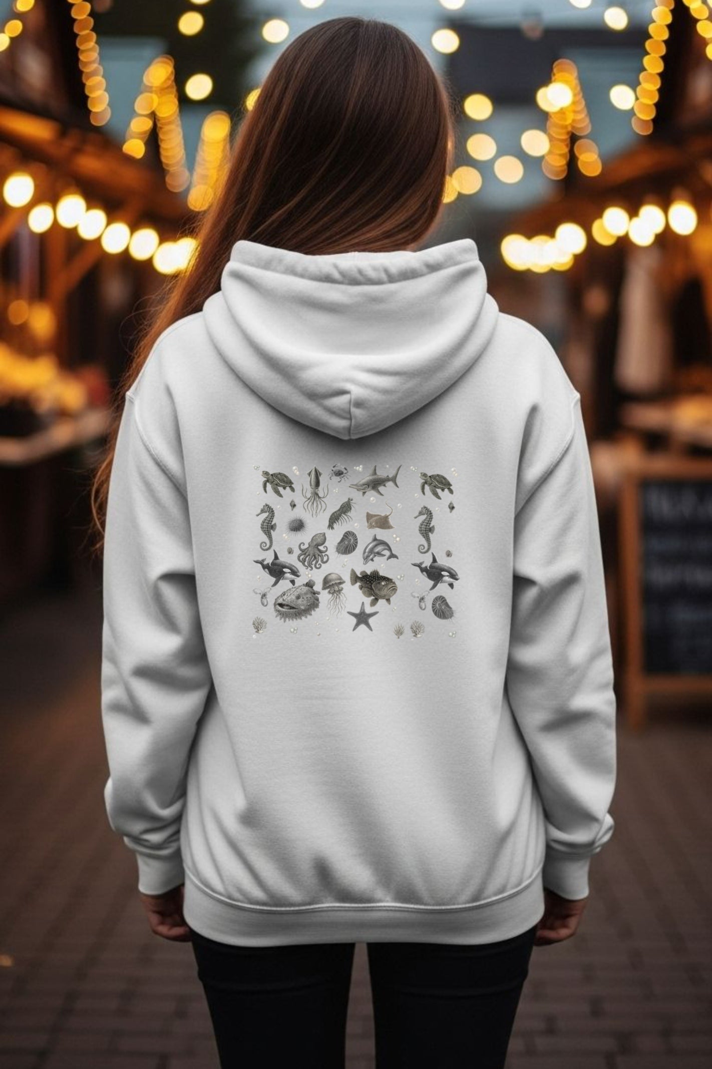 Ocean Creatures Hoodie-Marine Life Sea Animal Sweatshirt-Vintage Sea Turtle, Dolphin, Octopus - Art - Unisex Gildan 18500 Pullover Hoodie