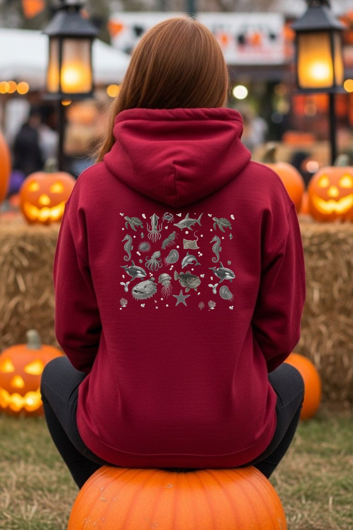 Ocean Creatures Hoodie-Marine Life Sea Animal Sweatshirt-Vintage Sea Turtle, Dolphin, Octopus - Art - Unisex Gildan 18500 Pullover Hoodie