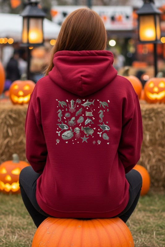Ocean Creatures Hoodie-Marine Life Sea Animal Sweatshirt-Vintage Sea Turtle, Dolphin, Octopus - Art - Unisex Gildan 18500 Pullover Hoodie