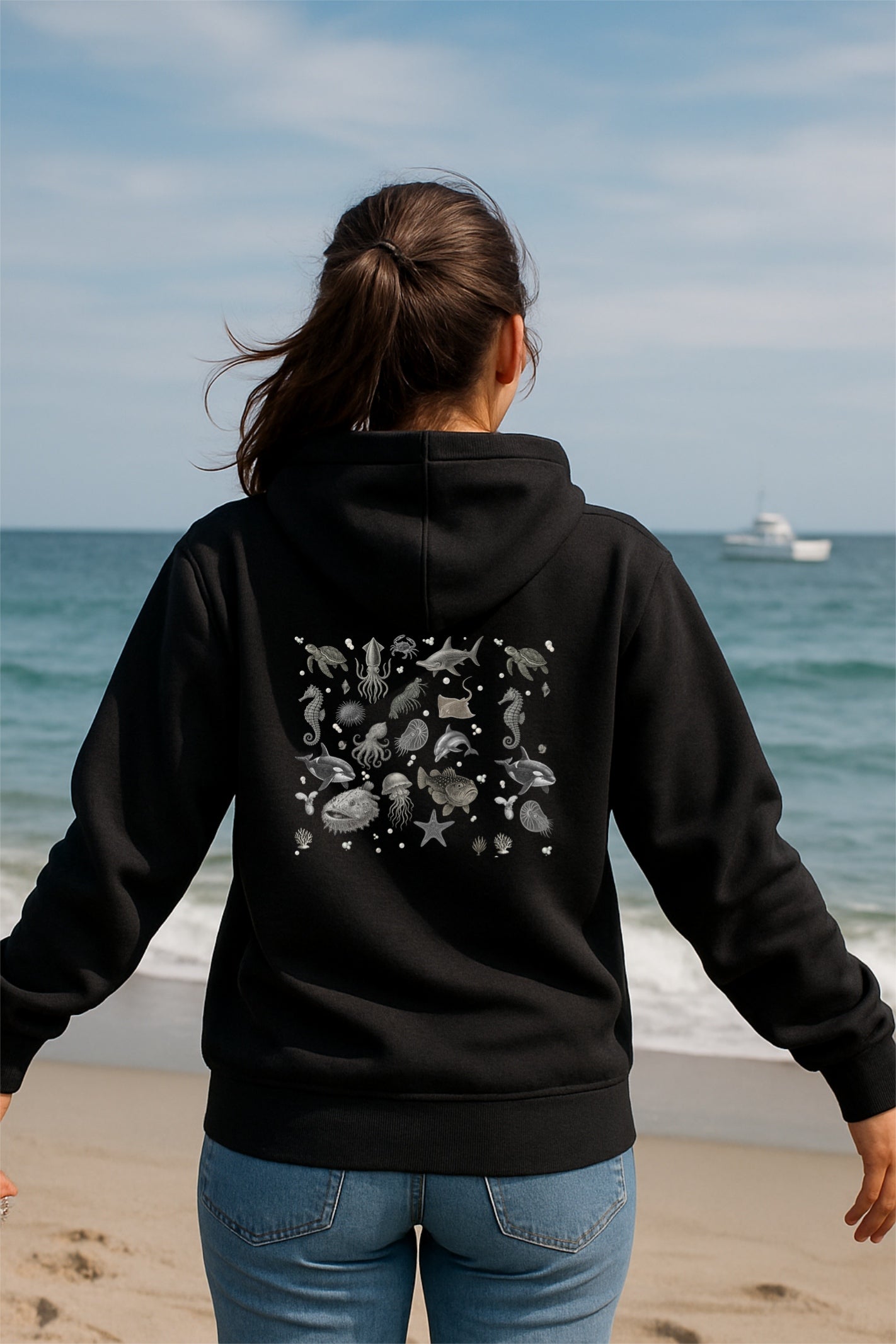 Ocean Creatures Hoodie-Marine Life Sea Animal Sweatshirt-Vintage Sea Turtle, Dolphin, Octopus - Art - Unisex Gildan 18500 Pullover Hoodie
