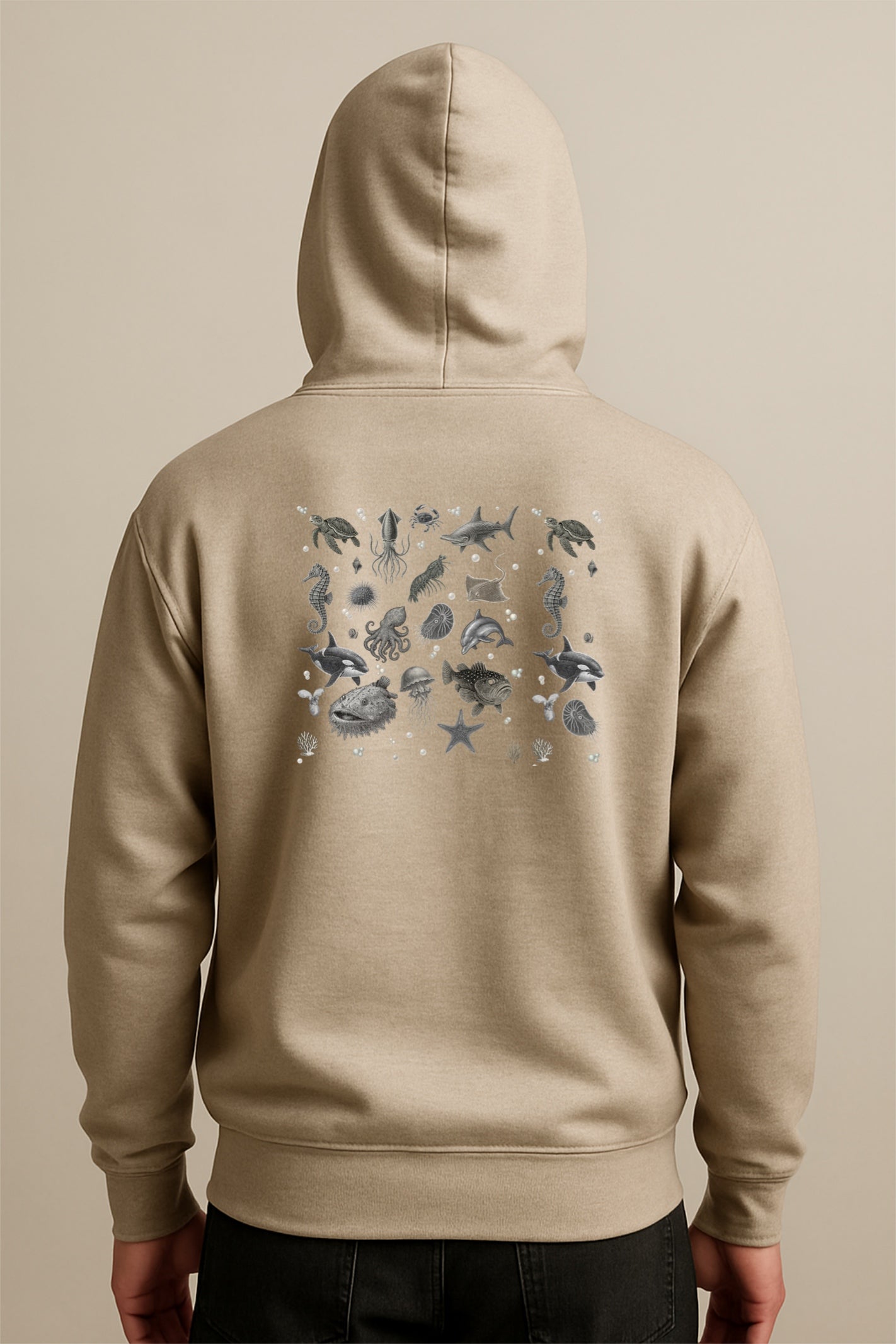 Ocean Creatures Hoodie-Marine Life Sea Animal Sweatshirt-Vintage Sea Turtle, Dolphin, Octopus - Art - Unisex Gildan 18500 Pullover Hoodie