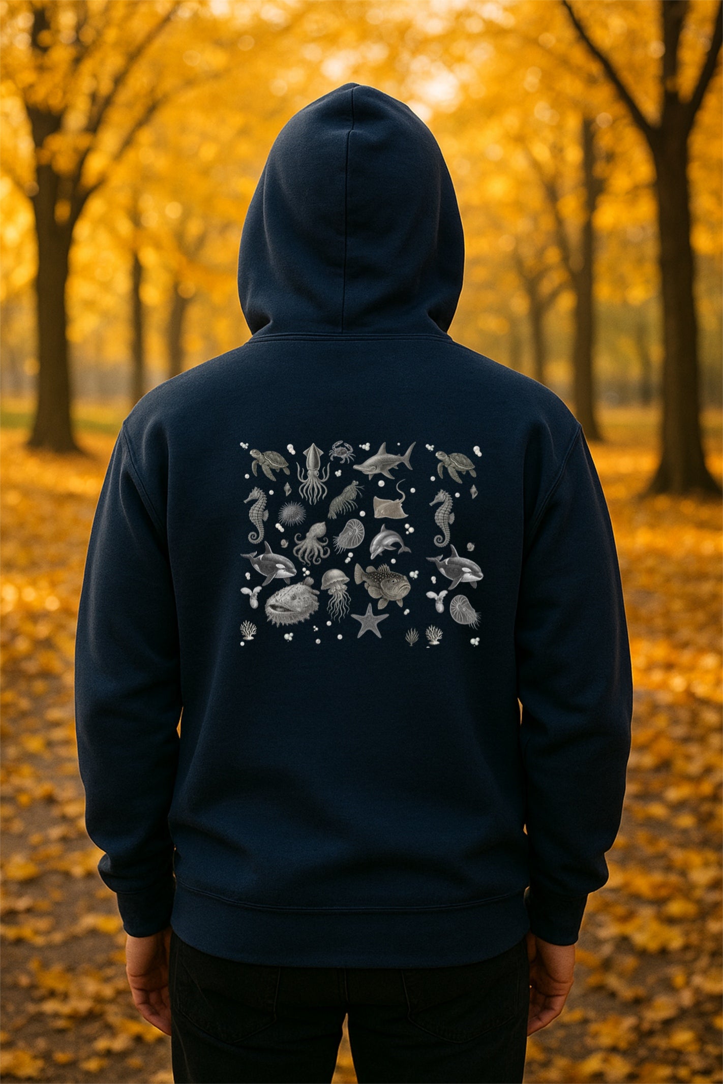 Ocean Creatures Hoodie-Marine Life Sea Animal Sweatshirt-Vintage Sea Turtle, Dolphin, Octopus - Art - Unisex Gildan 18500 Pullover Hoodie