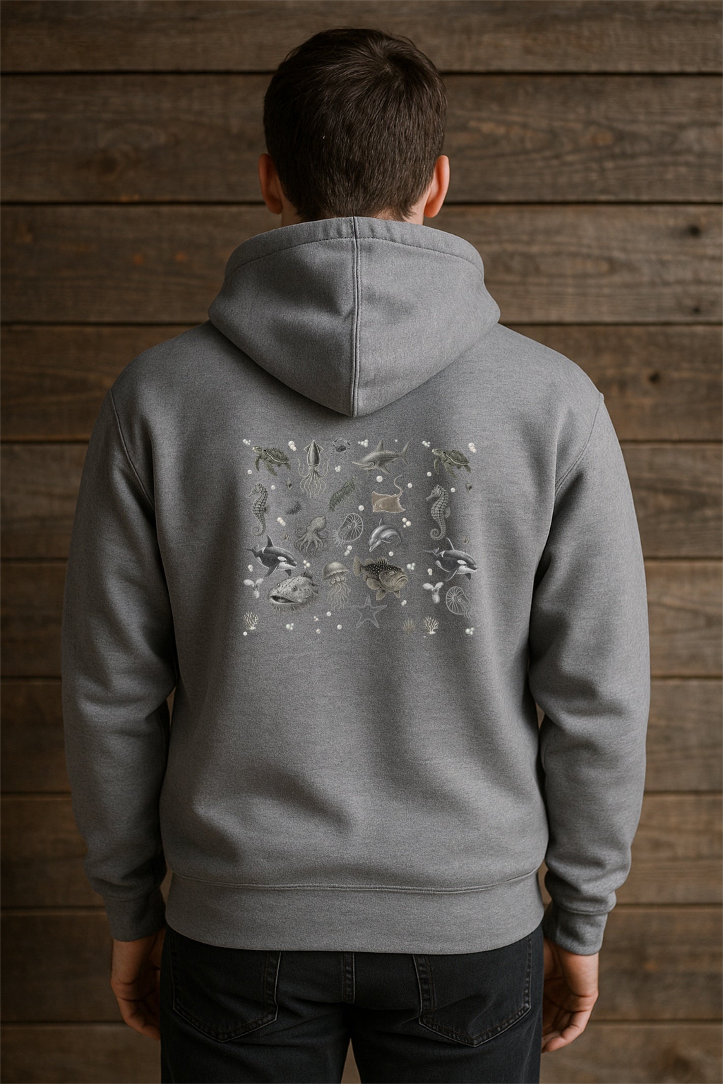 Ocean Creatures Hoodie-Marine Life Sea Animal Sweatshirt-Vintage Sea Turtle, Dolphin, Octopus - Art - Unisex Gildan 18500 Pullover Hoodie