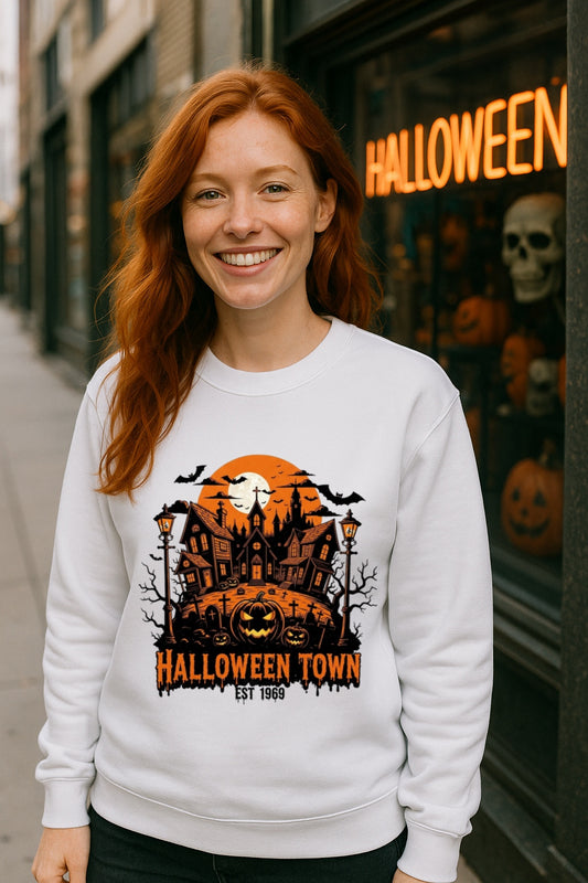 Halloween Est. 1969 Town Sweatshirt-Vintage Spooky Crewneck-Retro Haunted House Sweatshirt-Pumpkin Jack-O-Lantern-Creepy Gothic Horror Tee