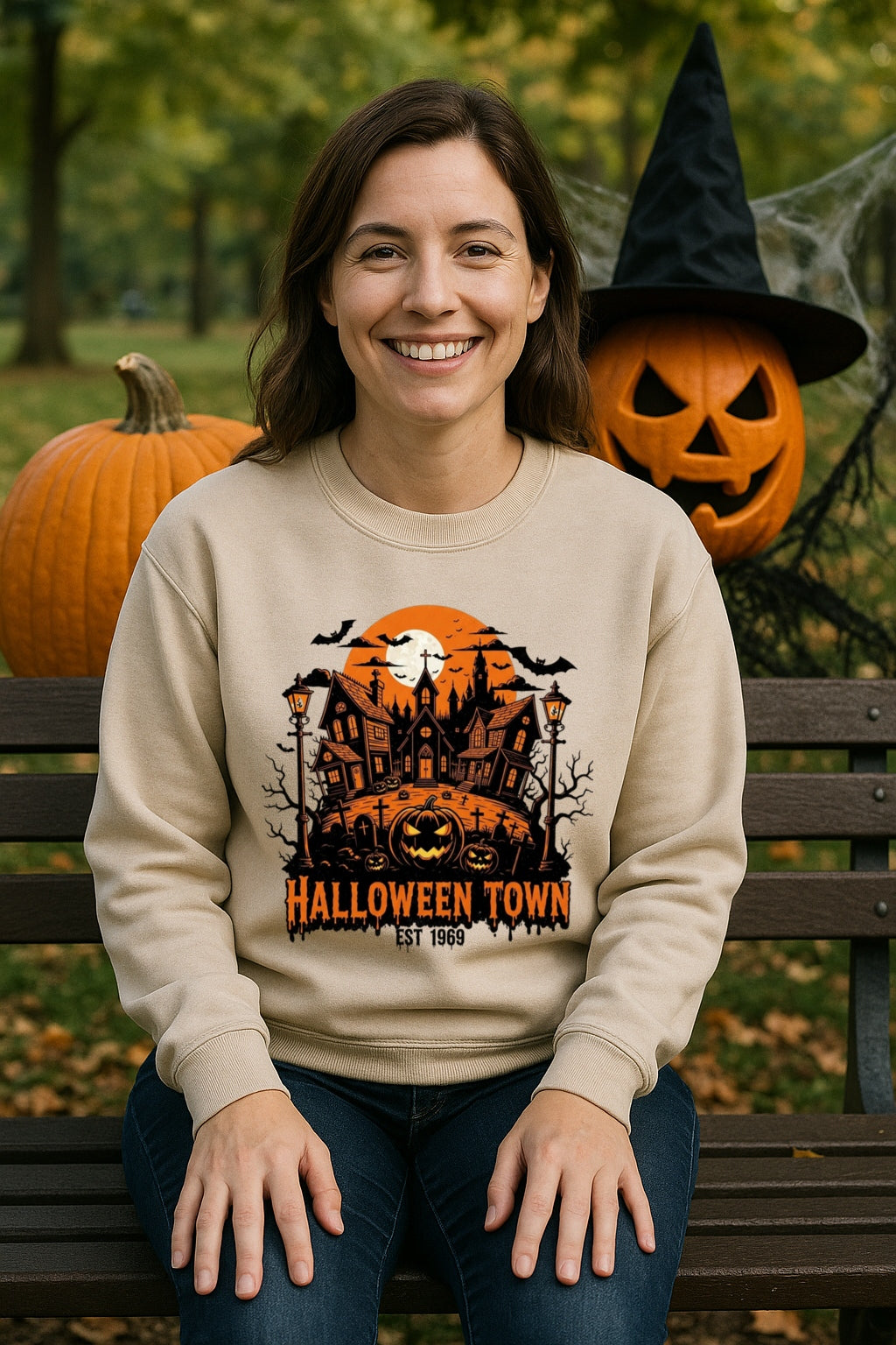 Halloween Est. 1969 Town Sweatshirt-Vintage Spooky Crewneck-Retro Haunted House Sweatshirt-Pumpkin Jack-O-Lantern-Creepy Gothic Horror Tee