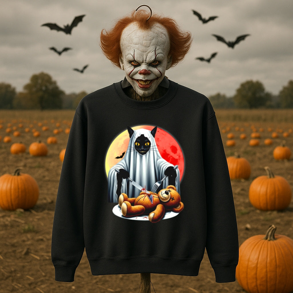 Haunted Black Cat and Teddy Bear Halloween Sweatshirt - Spooky Horror Graphic Pullover - Gildan Unisex - Creepy Gothic Fashion Apparel,