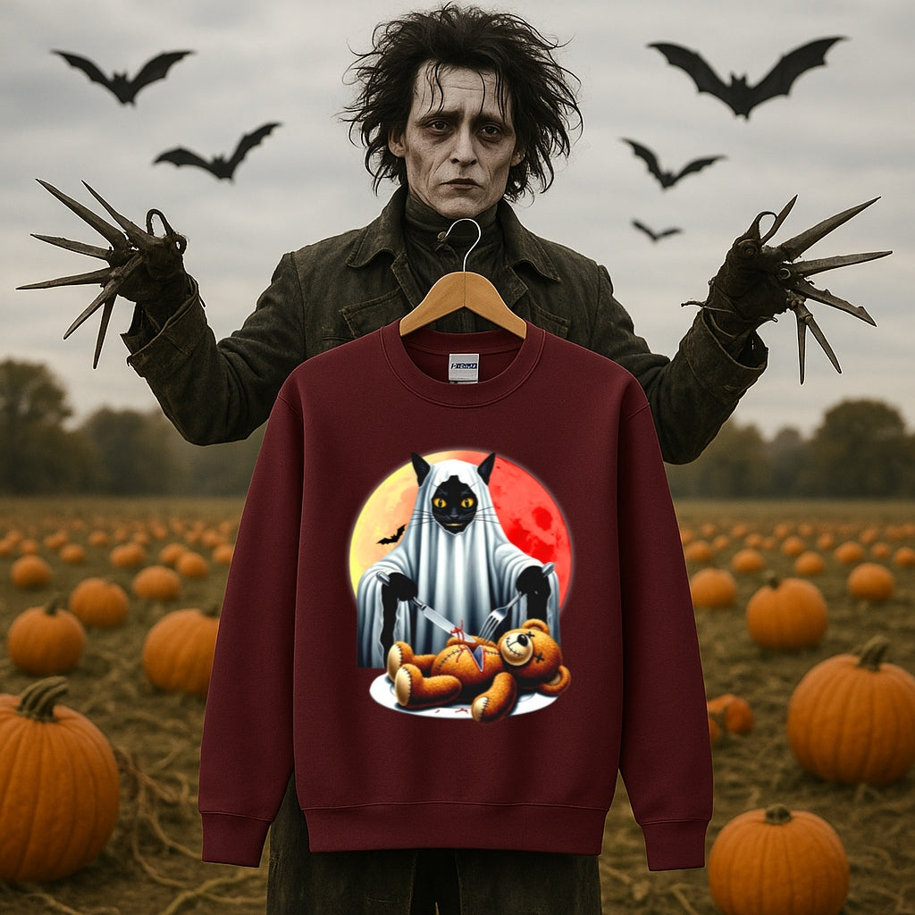Haunted Black Cat and Teddy Bear Halloween Sweatshirt - Spooky Horror Graphic Pullover - Gildan Unisex - Creepy Gothic Fashion Apparel,