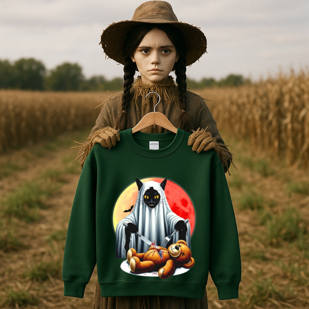 Haunted Black Cat and Teddy Bear Halloween Sweatshirt - Spooky Horror Graphic Pullover - Gildan Unisex - Creepy Gothic Fashion Apparel,