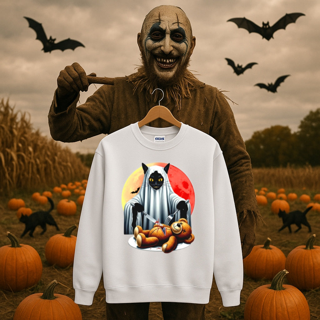 Haunted Black Cat and Teddy Bear Halloween Sweatshirt - Spooky Horror Graphic Pullover - Gildan Unisex - Creepy Gothic Fashion Apparel,