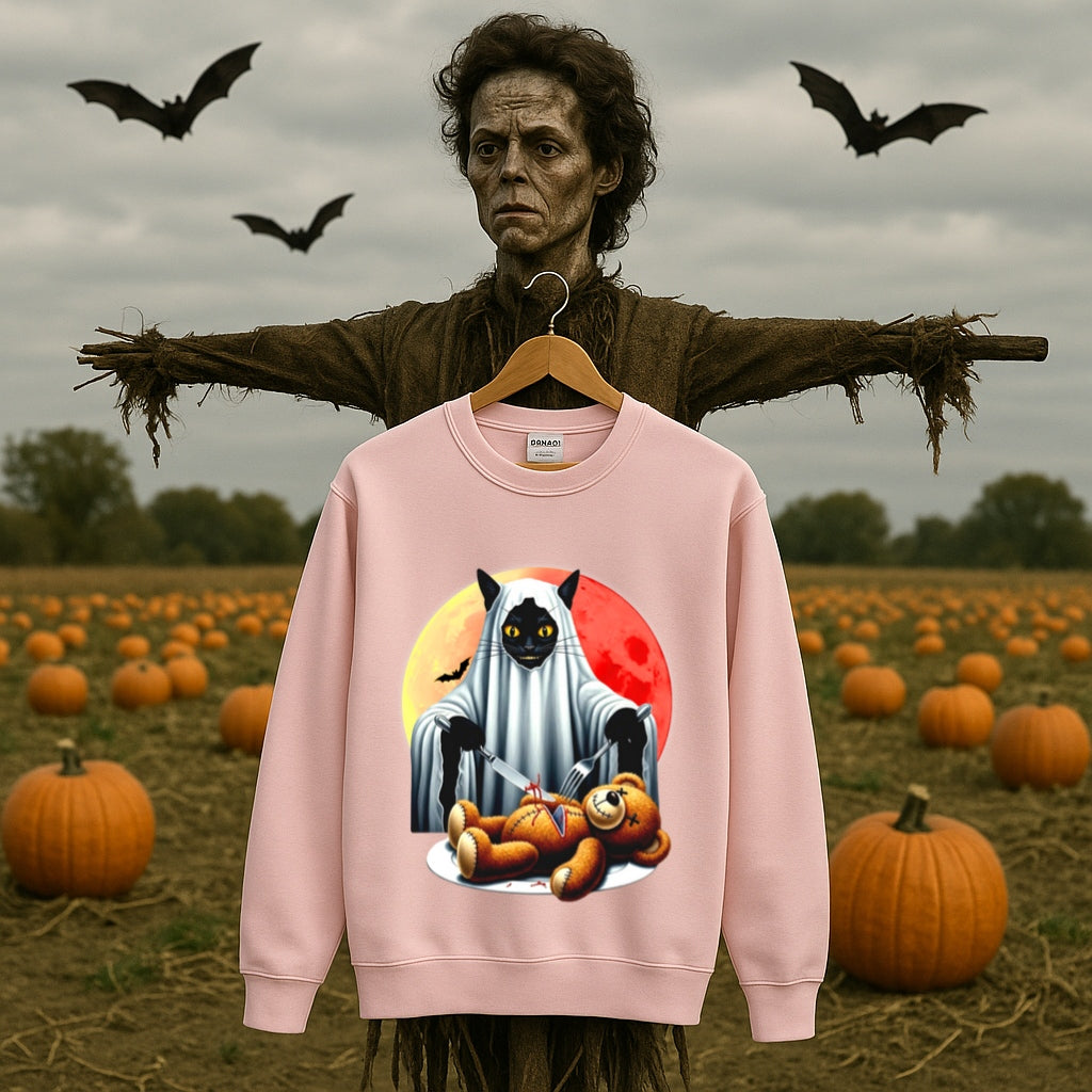 Haunted Black Cat and Teddy Bear Halloween Sweatshirt - Spooky Horror Graphic Pullover - Gildan Unisex - Creepy Gothic Fashion Apparel,