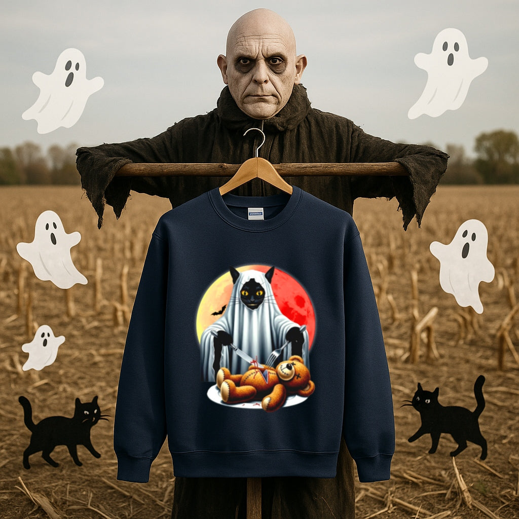 Haunted Black Cat and Teddy Bear Halloween Sweatshirt - Spooky Horror Graphic Pullover - Gildan Unisex - Creepy Gothic Fashion Apparel,