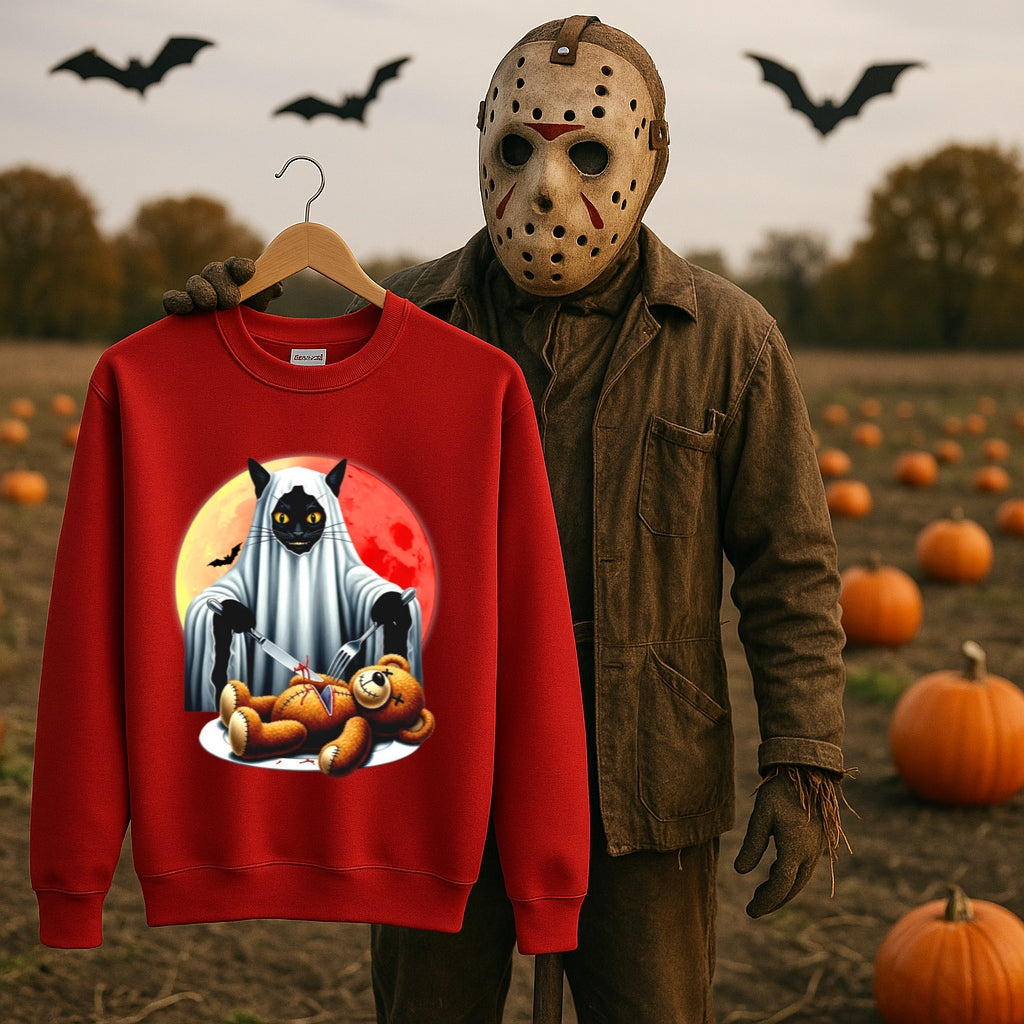 Haunted Black Cat and Teddy Bear Halloween Sweatshirt - Spooky Horror Graphic Pullover - Gildan Unisex - Creepy Gothic Fashion Apparel,