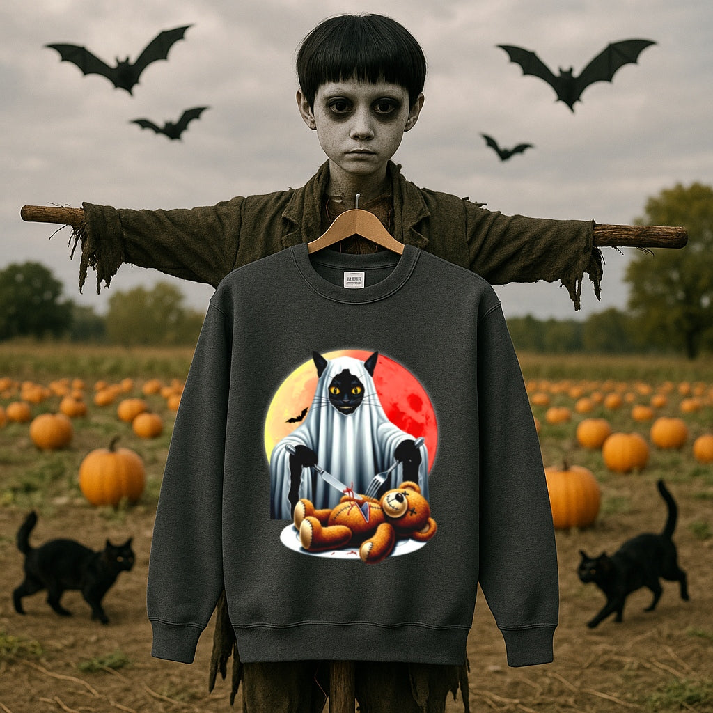 Haunted Black Cat and Teddy Bear Halloween Sweatshirt - Spooky Horror Graphic Pullover - Gildan Unisex - Creepy Gothic Fashion Apparel,