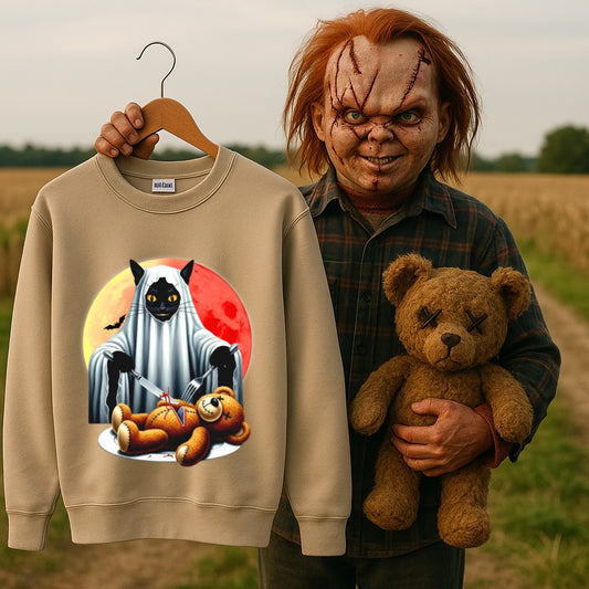 Haunted Black Cat and Teddy Bear Halloween Sweatshirt - Spooky Horror Graphic Pullover - Gildan Unisex - Creepy Gothic Fashion Apparel,