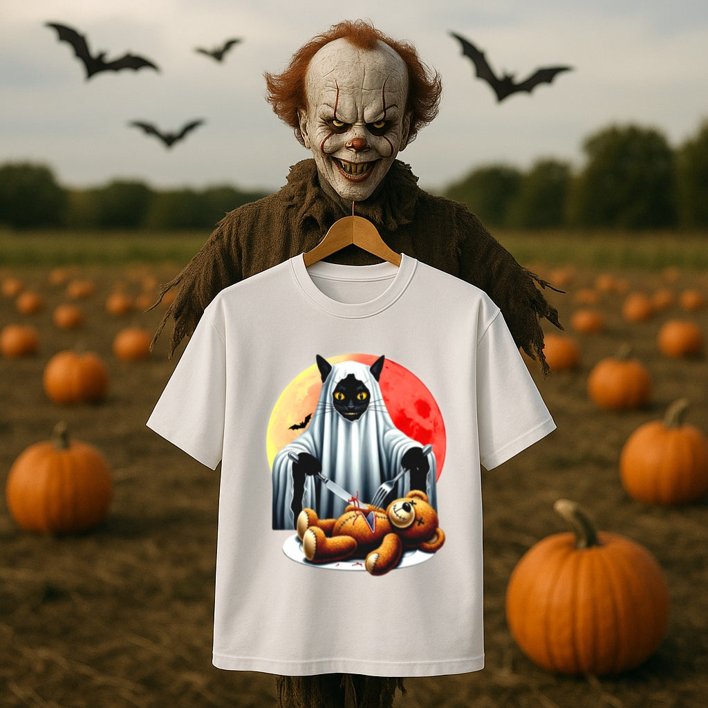 Haunted Black Cat with Teddy Bear Halloween T-Shirt -Creepy Cute Horror Tee -Spooky Gothic Graphic Shirt