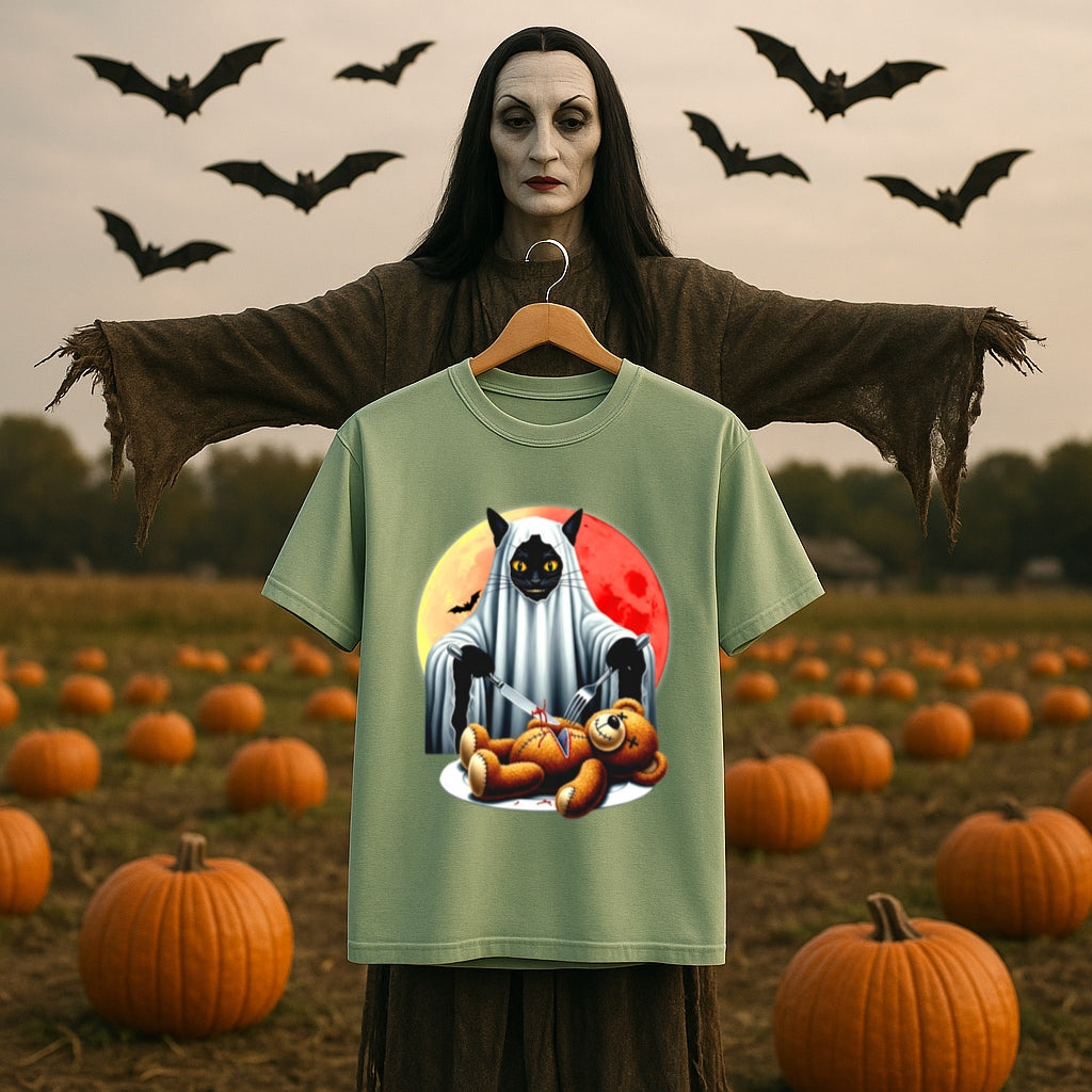 Haunted Black Cat with Teddy Bear Halloween T-Shirt -Creepy Cute Horror Tee -Spooky Gothic Graphic Shirt