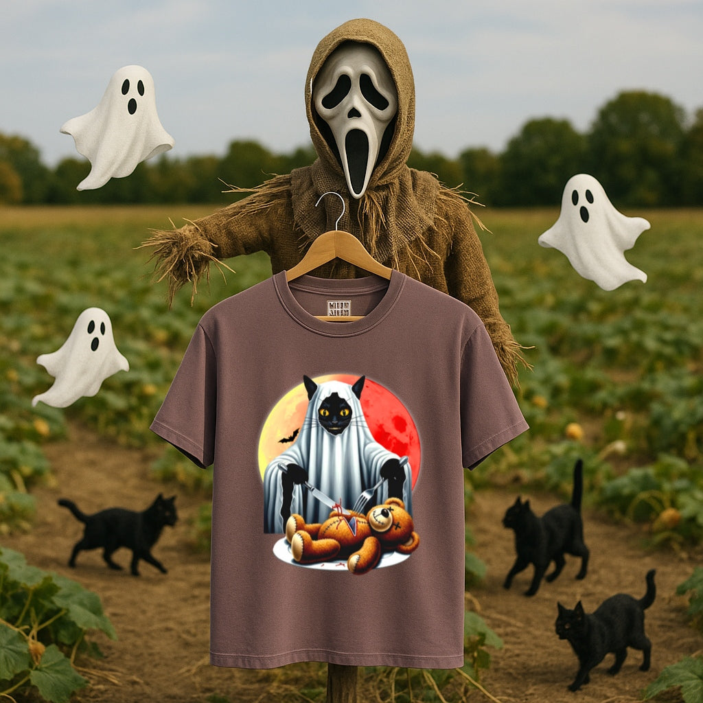 Haunted Black Cat with Teddy Bear Halloween T-Shirt -Creepy Cute Horror Tee -Spooky Gothic Graphic Shirt