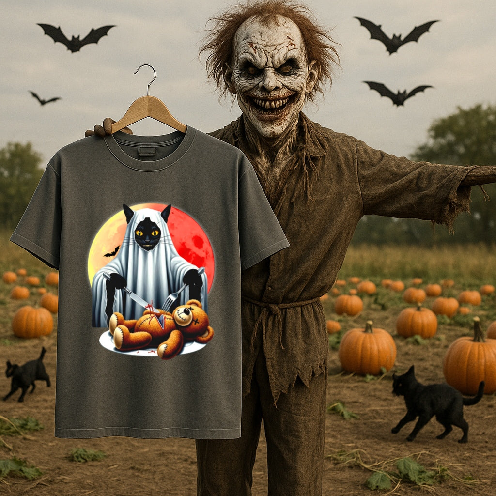 Haunted Black Cat with Teddy Bear Halloween T-Shirt -Creepy Cute Horror Tee -Spooky Gothic Graphic Shirt