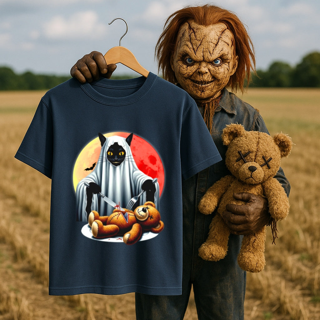 Haunted Black Cat with Teddy Bear Halloween T-Shirt -Creepy Cute Horror Tee -Spooky Gothic Graphic Shirt