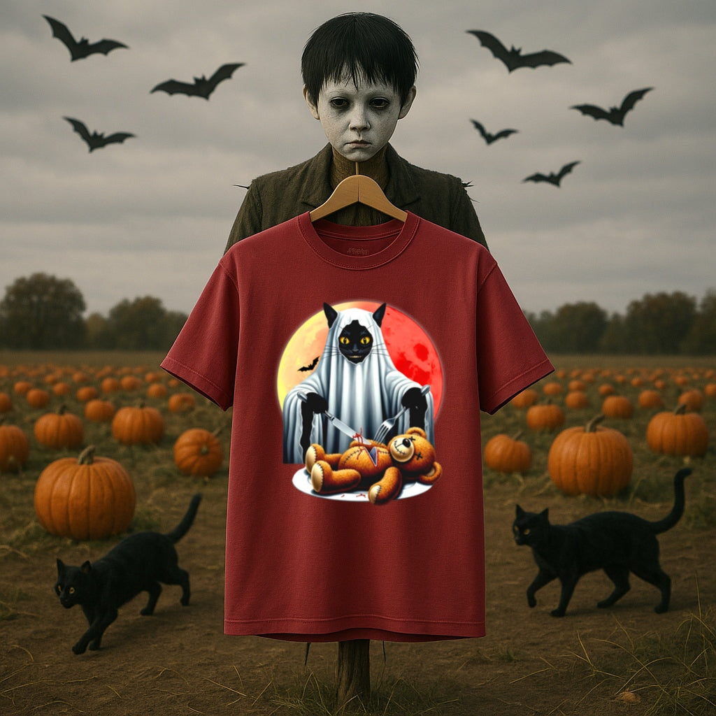 Haunted Black Cat with Teddy Bear Halloween T-Shirt -Creepy Cute Horror Tee -Spooky Gothic Graphic Shirt