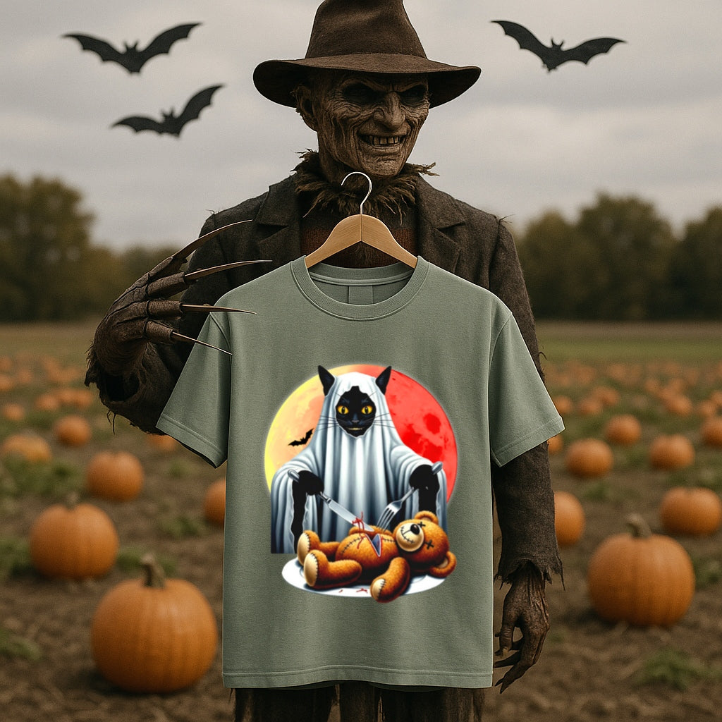 Haunted Black Cat with Teddy Bear Halloween T-Shirt -Creepy Cute Horror Tee -Spooky Gothic Graphic Shirt