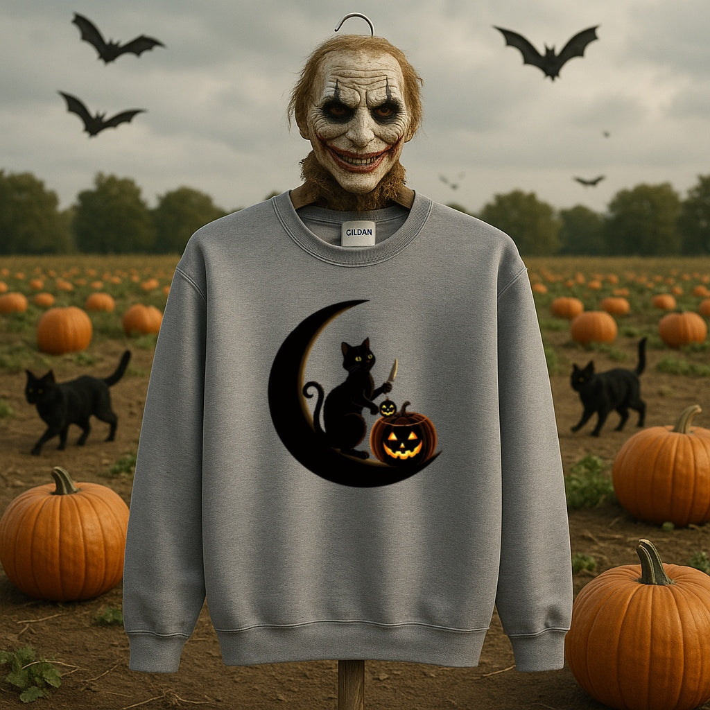 Halloween Black Cat Sweatshirt-Spooky Pumpkin Jack-O-Lantern Gildan 18000, Gothic Witchy Fall Sweater, Halloween Crewneck, Occult Cat