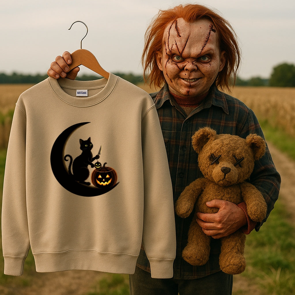 Halloween Black Cat Sweatshirt-Spooky Pumpkin Jack-O-Lantern Gildan 18000, Gothic Witchy Fall Sweater, Halloween Crewneck, Occult Cat