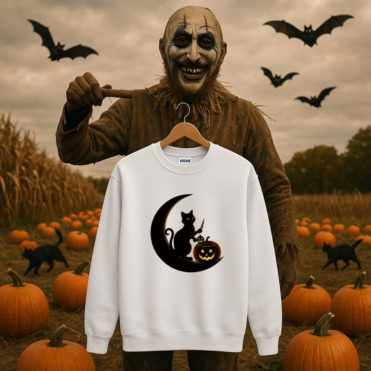 Halloween Black Cat Sweatshirt-Spooky Pumpkin Jack-O-Lantern Gildan 18000, Gothic Witchy Fall Sweater, Halloween Crewneck, Occult Cat