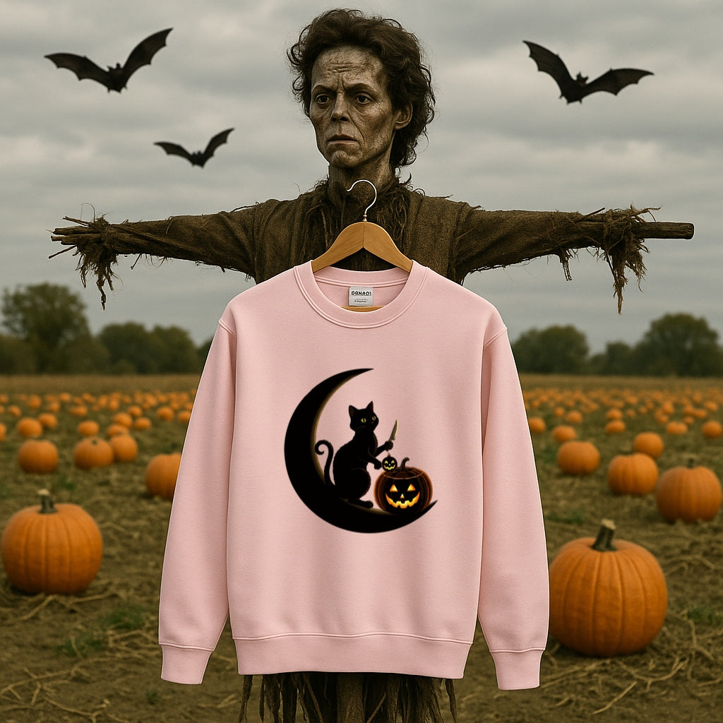 Halloween Black Cat Sweatshirt-Spooky Pumpkin Jack-O-Lantern Gildan 18000, Gothic Witchy Fall Sweater, Halloween Crewneck, Occult Cat