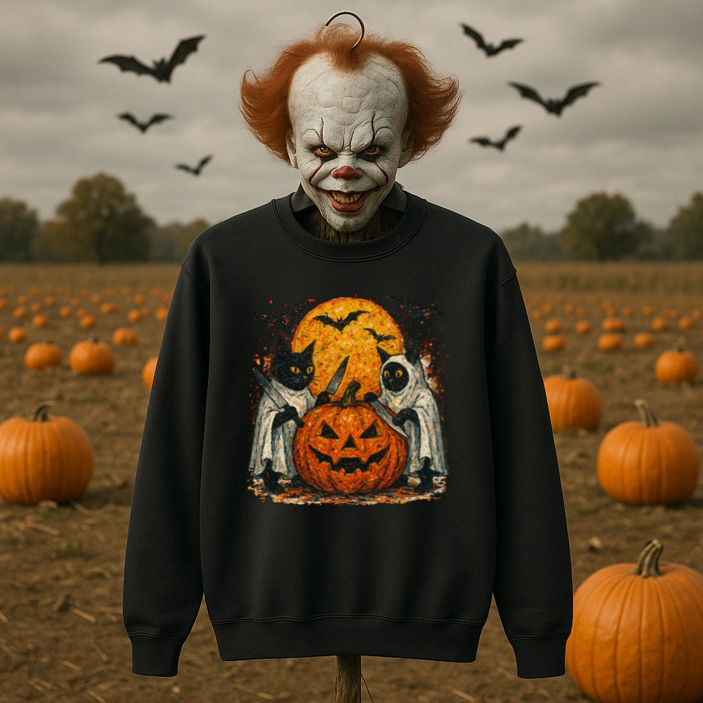 Halloween Cat Ghost Sweatshirt - Spooky Pumpkin and Full Moon - Gildan 18000 Unisex Pullover, Ghost Cat Sweater, Halloween Cat Lover Gift,