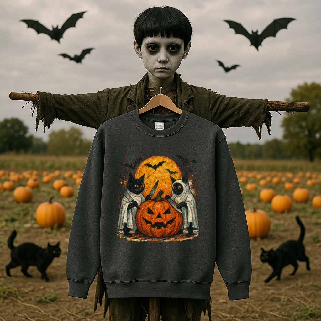 Halloween Cat Ghost Sweatshirt - Spooky Pumpkin and Full Moon - Gildan 18000 Unisex Pullover, Ghost Cat Sweater, Halloween Cat Lover Gift,