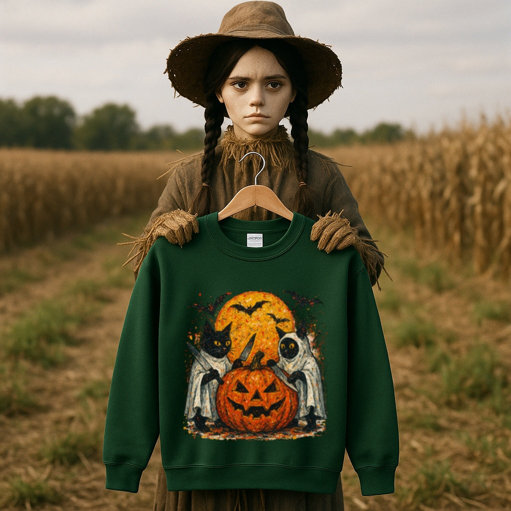 Halloween Cat Ghost Sweatshirt - Spooky Pumpkin and Full Moon - Gildan 18000 Unisex Pullover, Ghost Cat Sweater, Halloween Cat Lover Gift,
