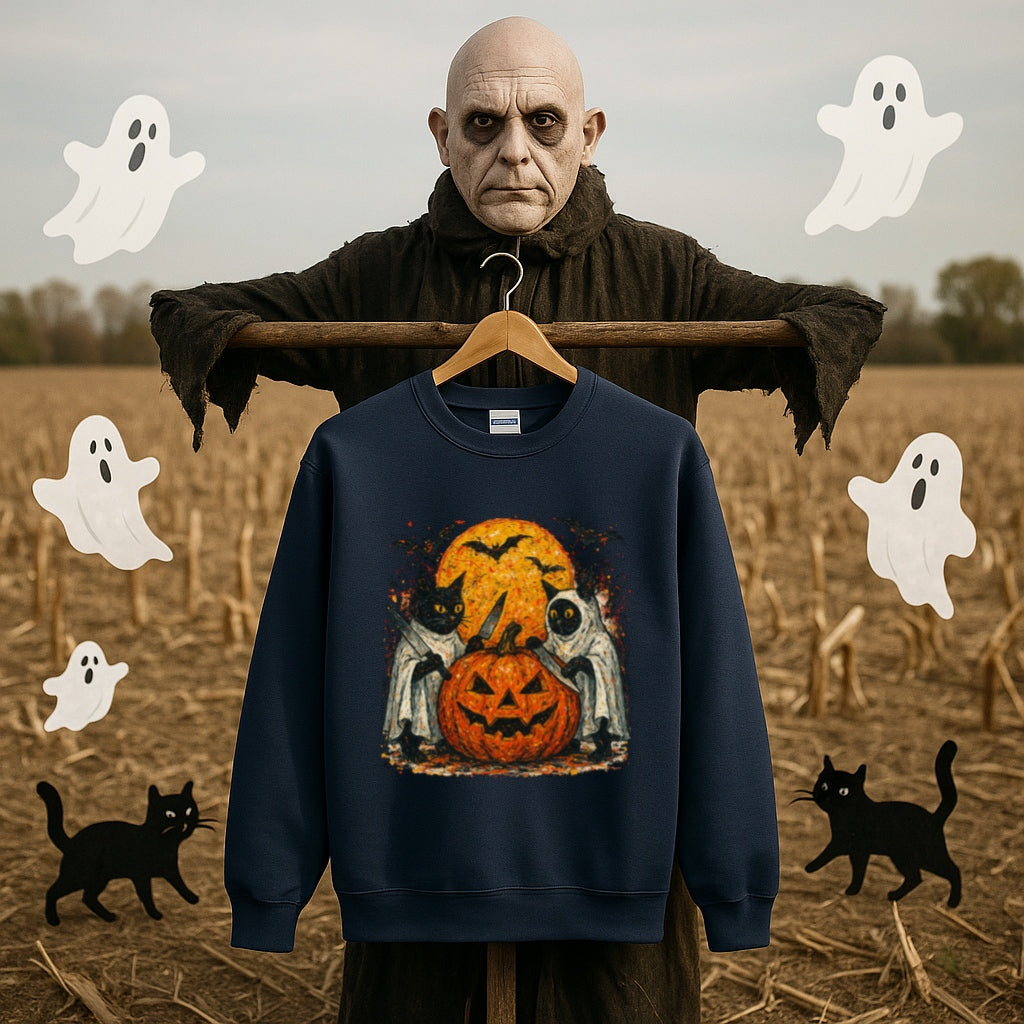 Halloween Cat Ghost Sweatshirt - Spooky Pumpkin and Full Moon - Gildan 18000 Unisex Pullover, Ghost Cat Sweater, Halloween Cat Lover Gift,