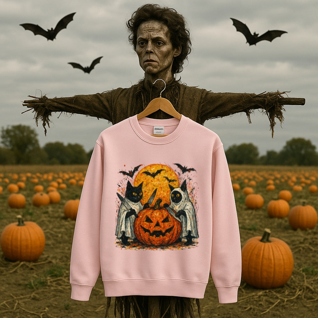 Halloween Cat Ghost Sweatshirt - Spooky Pumpkin and Full Moon - Gildan 18000 Unisex Pullover, Ghost Cat Sweater, Halloween Cat Lover Gift,