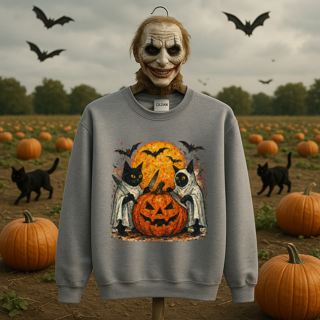 Halloween Cat Ghost Sweatshirt - Spooky Pumpkin and Full Moon - Gildan 18000 Unisex Pullover, Ghost Cat Sweater, Halloween Cat Lover Gift,