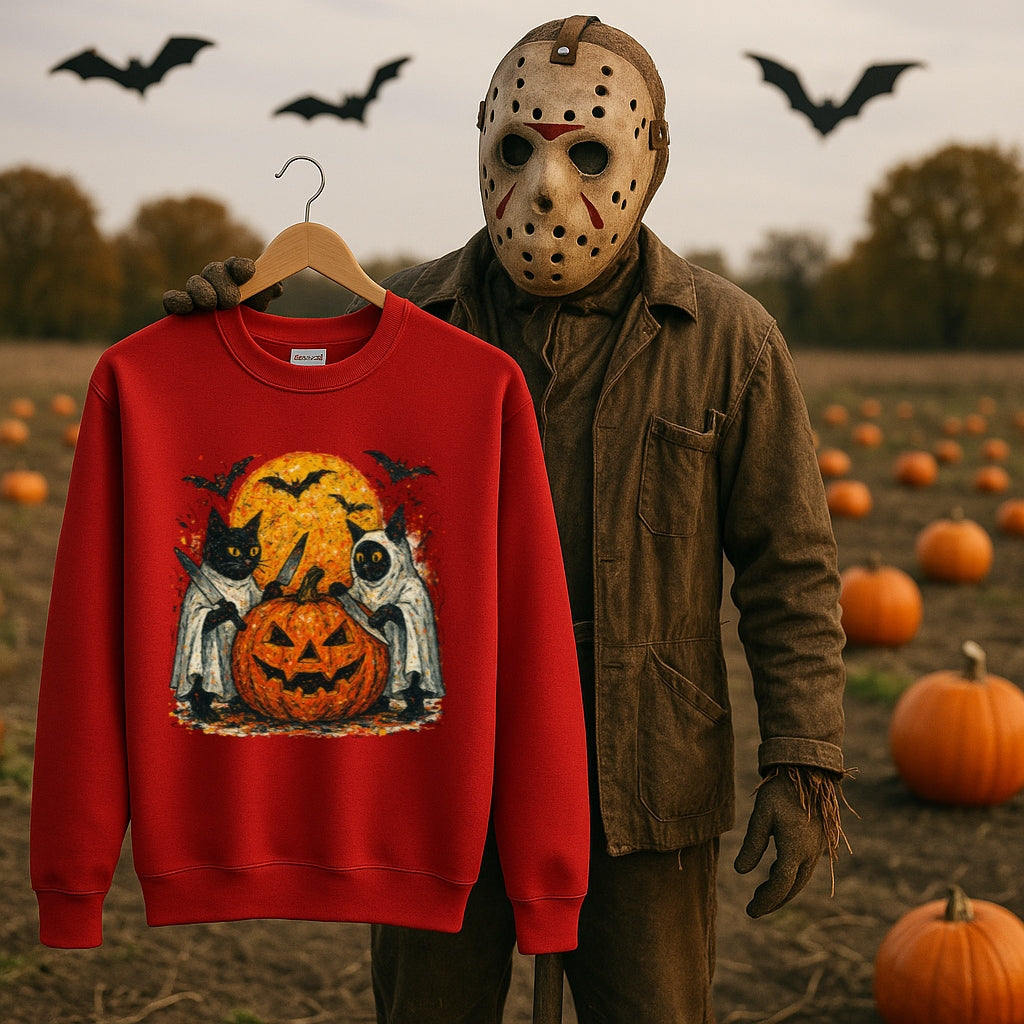 Halloween Cat Ghost Sweatshirt - Spooky Pumpkin and Full Moon - Gildan 18000 Unisex Pullover, Ghost Cat Sweater, Halloween Cat Lover Gift,