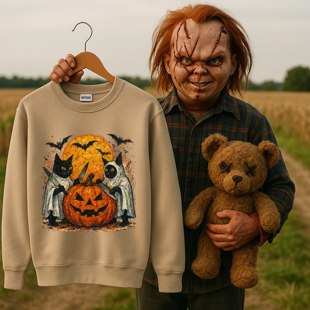 Halloween Cat Ghost Sweatshirt - Spooky Pumpkin and Full Moon - Gildan 18000 Unisex Pullover, Ghost Cat Sweater, Halloween Cat Lover Gift,