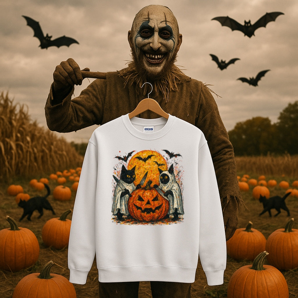 Halloween Cat Ghost Sweatshirt - Spooky Pumpkin and Full Moon - Gildan 18000 Unisex Pullover, Ghost Cat Sweater, Halloween Cat Lover Gift,